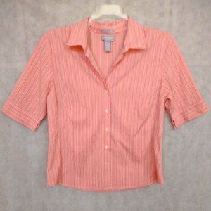 Old Navy Coral Striped Stretch Shirt Buttoned Short Sleeve EUC